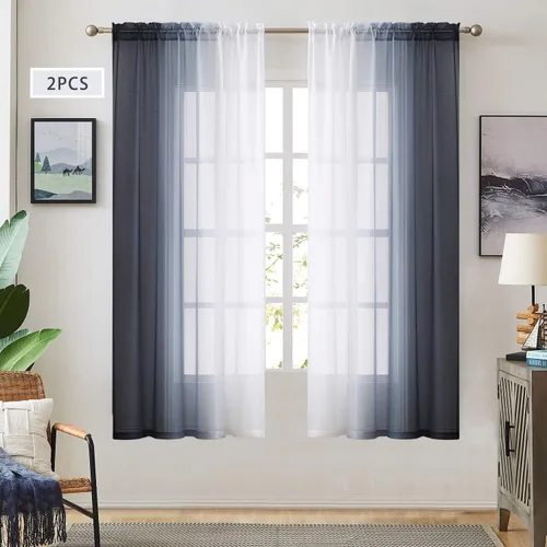 Cortinas transparentes de lino sintético con degradado gris oscuro para dormitorio y sala de estar con bolsillo para barra, cortinas de gasa Gris