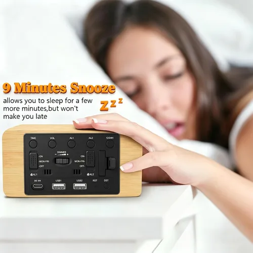 Miniatura 9 de URAYCO Reloj despertador digital de madera con cargador inalámbrico rápido de 10W, puertos de carga USB, DST, atenuable, modo repetición, pantalla