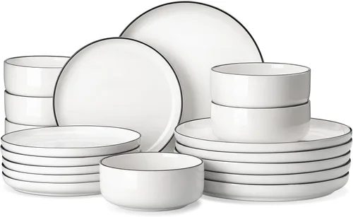 Miniatura 11 de MALACASA Juego de platos y cuencos, juego de vajilla de porcelana moderna de 24 piezas para 6 personas, vajilla de cerámica blanca para cocina