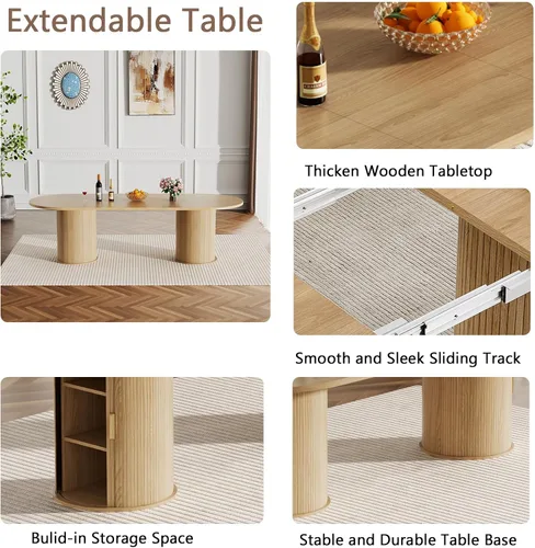 Miniatura 5 de Mesa de comedor redonda extensible con base de almacenamiento, mesa de comedor expandible natural de 63 a 94 pulgadas para 10 personas, mesa