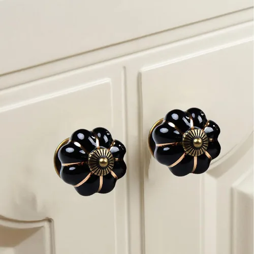 Miniatura 4 de Pomos de cerámica para gabinete, paquete de 4, manijas de puerta de calabaza elegantes y vintage para cocina/cajón/armario/armario (negro, 4 piezas)