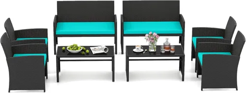 Miniatura 25 de HAPPYGRILL Juego de 4 muebles de mimbre para exteriores con mesa de centro de vidrio templado, cojines suaves, juego de sillas de ratán resistentes
