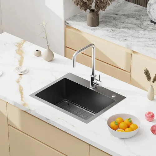 Miniatura 9 de Fregadero de cocina empotrable de 20" x 16" de acero inoxidable 304 de un solo compartimento montaje superior para bar con kit de drenaje y rejilla