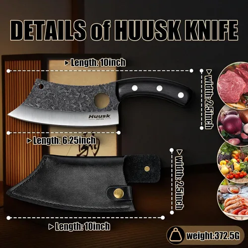 Miniatura 5 de Huusk Knives Japón, cuchillo de carnicero forjado a mano con funda, cuchillo de cocina de acero de alto carbono para carne y verduras, cuchillo