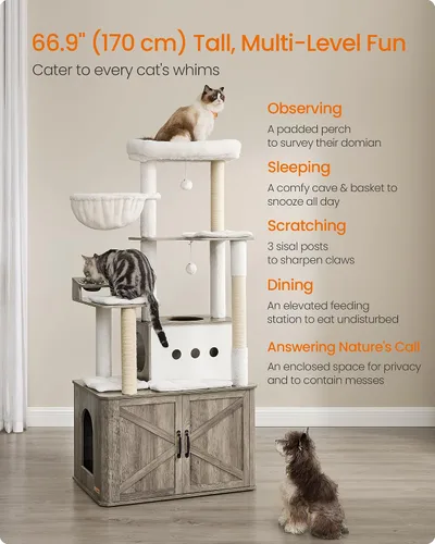 Miniatura 3 de Feandrea Árbol para gatos, torre para gatos de 66.9 pulgadas con caja de arena, condominio grande con estación de alimentos, almacenamiento, postes