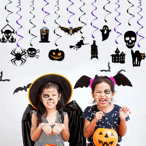 Miniatura 3 de Decoración para fiesta de Halloween, murciélagos, brujas, serpentinas, 12 piezas espeluznantes de fantasmas, calaveras, esqueletos, calabaza, gatos