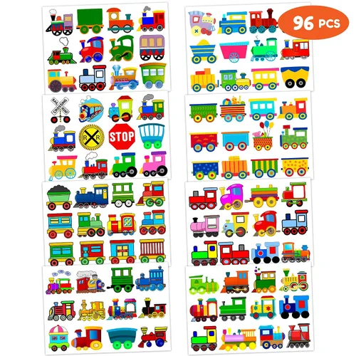 Miniatura 4 de Tatuajes temporales de tren para niños, 8 hojas, 96 unidades, lindas calcomanías de cruce de ferrocarril, recuerdos de fiesta de cumpleaños