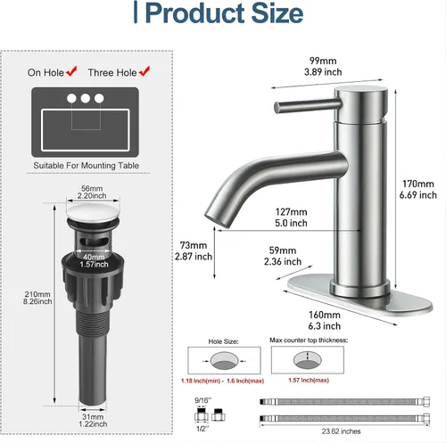 Miniatura 6 de GENBONS Grifos de Baño, Grifo de Fregadero de Baño de Un Solo Agujero Níquel Cepillado, Grifo Moderno de Fregadero de Tocador de Una Sola Manija, 1