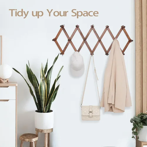 Miniatura 6 de SCUNDA Perchero de pared expandible, perchero de acordeón de madera para sombrero, abrigo, taza (14 ganchos + 16 ganchos)