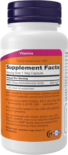 Miniatura 2 de NOW Supplements, PABA (ácido para-aminobenzoico) 500 mg, familia del complejo B, 100 cápsulas