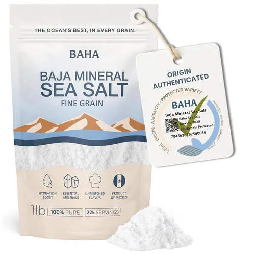 BAHA - Sal marina mineral de Baja | Sal mineral Baha de grano fino del Mar de Cortés | Baja en sodio y rica en minerales | Para cocinar, emplatar e