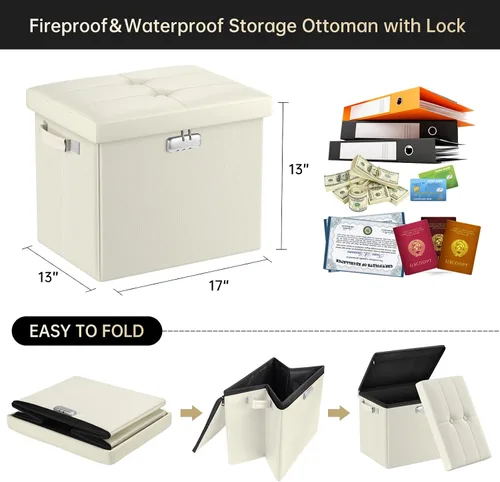 Miniatura 2 de DocSafe Otomana de almacenamiento con cerradura, caja de almacenamiento plegable de 17 pulgadas resistente al fuego y al agua con asas, segura