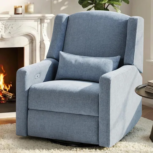 Power Glider - Silla reclinable para guardería con puertos USB, mecedora de felpilla suave para guardería, silla giratoria con almohada lumbar para
