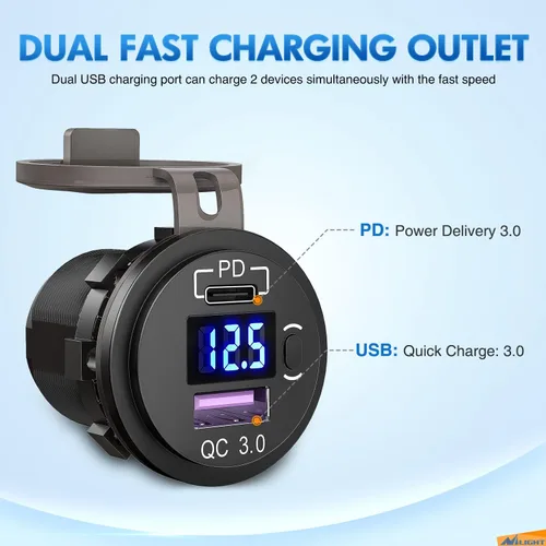 Miniatura 9 de Nilight Enchufe USB PD tipo C y QC 3.0 USB de carga rápida 12V 24V Enchufe de coche Voltímetro Interruptor de encendido/apagado Kit de alambre