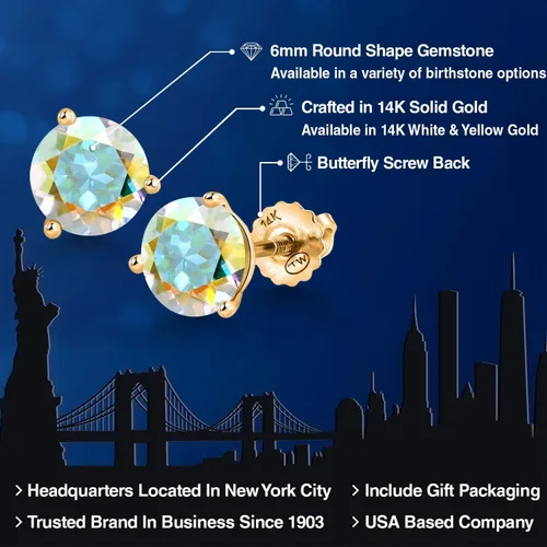 Miniatura 222 de Gem Stone King Aretes de Martini de oro amarillo de 14 quilates Aretes de tuerca de 3 puntas para mujeres y hombres Redondos de 0.236 pulgadas