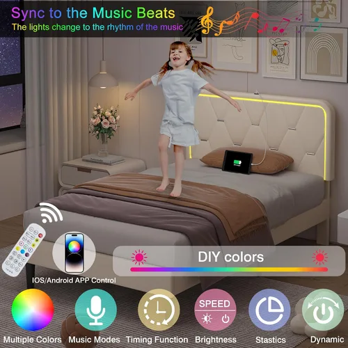 Miniatura 3 de VECELO Base de cama individual tapizada con cabecera ajustable, plataforma de terciopelo con luces LED, estación de carga, base de colchón