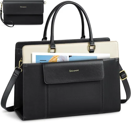 RAINSMORE Bolsa de cuero para laptop de 15.6 pulgadas para mujer, bolsa de mano grande para computadora, impermeable, para negocios, oficina,