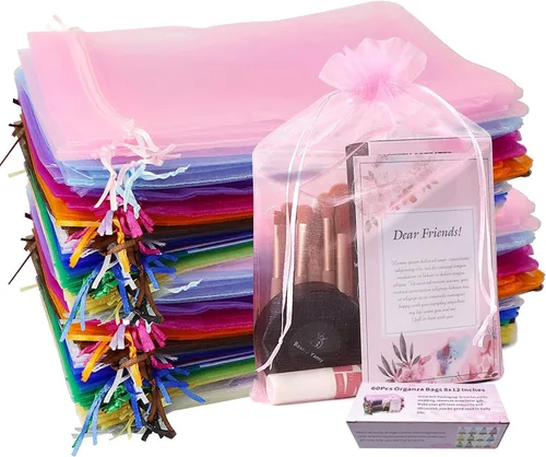 Daszui 60 bolsas de organza de 8 x 12 pulgadas, colores mixtos con bolsas de recuerdo con cordón, joyas para bodas, fiestas, dulces de juguete,