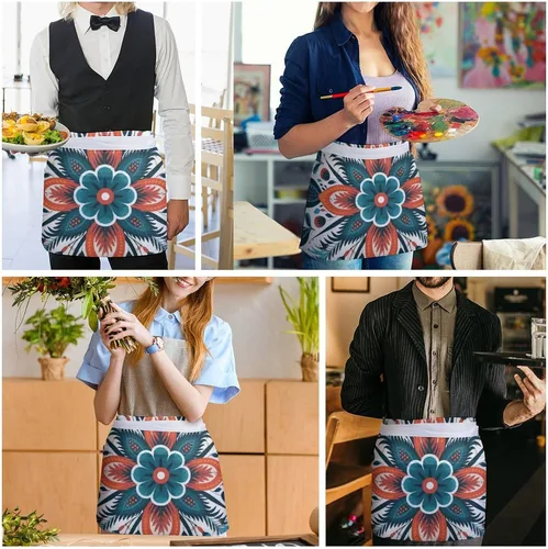 Miniatura 5 de Server Aprons with 3 Pockets Waist Apron Waterproof Half Apron Flower Decorative Pattern Short Cooking Aprons Bib