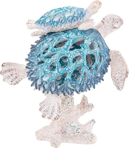 Miniatura 14 de Estatua de tortuga marina triples nadando sobre base de arrecife de coral, figura de polystone inspirada en el océano para decoración del hogar Azul