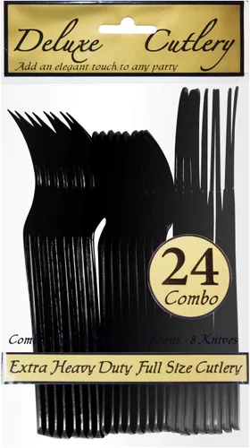 Miniatura 3 de Party Essentials - Paquete combinado de cubiertos de plástico extra resistentes, tamaño completo, cuchillos/tenedores/cucharas, negro, juego para 8