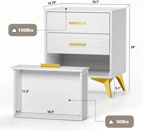 Miniatura 2 de Giluta Mesita de noche blanca con 3 cajones, moderna mesita de noche con patas y asas de metal macizo dorado, mesa de noche de madera, mesa auxiliar