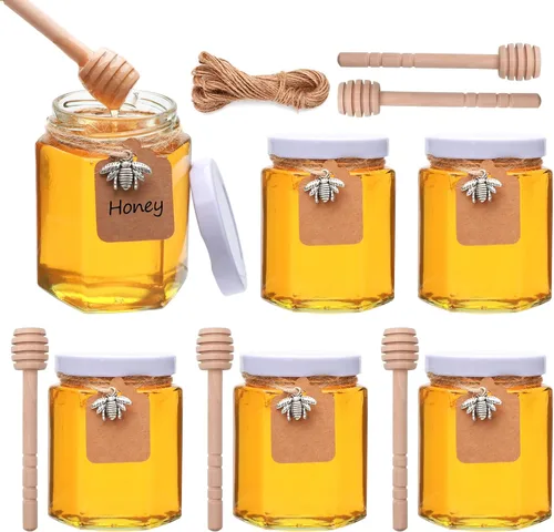 Paquete de 6 tarros hexagonales de vidrio para miel, tarros de vidrio con tapas blancas, colgantes de abeja plateada, palitos de miel de madera,