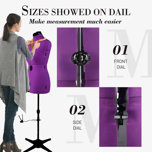 Miniatura 4 de Formularios de vestido para costura, maniquí femenino morado ajustable tamaño 12-18, cuerpo de modelo con 13 diales y guía de dobladillo de 360