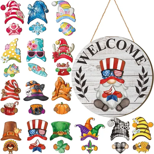 Miniatura 18 de Qunclay 31 piezas 3D de grano natural intercambiable de madera gnomo para puerta, decoraciones navideñas de gnomo con piezas magnéticas y sombreros