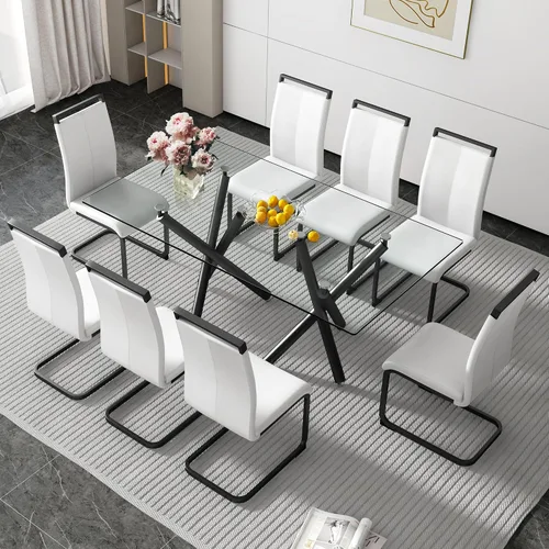 Miniatura 17 de Juego de 8 mesas de comedor de cristal, moderno juego de mesa de comedor de 71 pulgadas con 8 sillas de comedor tapizadas de piel sintética
