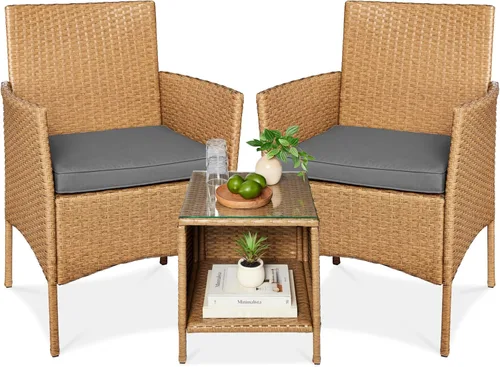 Miniatura 18 de Best Choice Products Juego de 3 piezas de mimbre para conversación al aire libre, muebles de patio que ahorran espacio para jardín con mesa