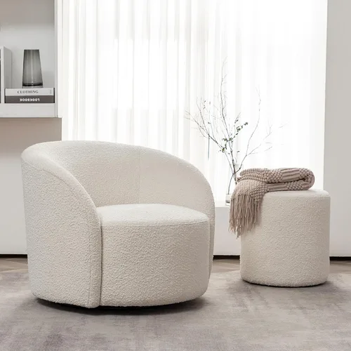 Miniatura 21 de KINWELL Silla giratoria Boucle de 34 pulgadas con juego otomano redondo de 18 pulgadas, juego totalmente ensamblado de silla y reposapiés de sherpa