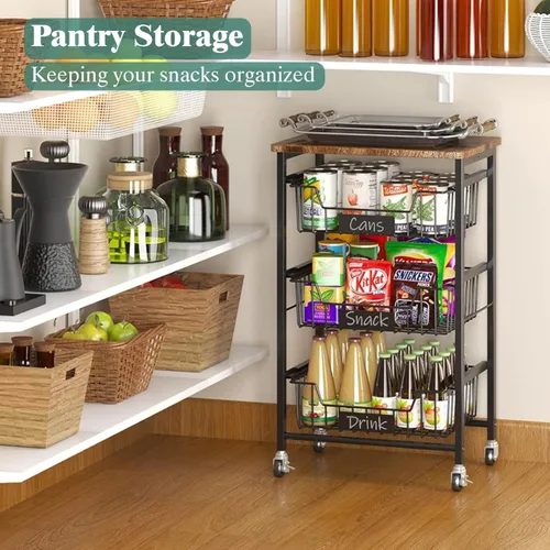 Miniatura 3 de CHLORYARD Cesta de frutas y verduras de 4 niveles, carrito rodante con ruedas con cestas extraíbles y parte superior de madera para cocina, comedor