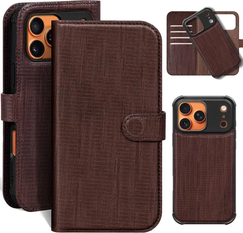 Miniatura 15 de Funda de cuero compatible con iPhone 16 Pro Max Cartera 6.9", cuero genuino 2 en 1, magnética, desmontable, a prueba de golpes, funda tipo folio