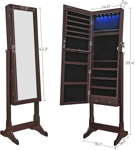 Miniatura 6 de SONGMICS - Armario de joyería con espejo y con 6luces LED, organizador de joyería de pie con espejo y con cerradura, 2cajones, color marrón UJJC94K