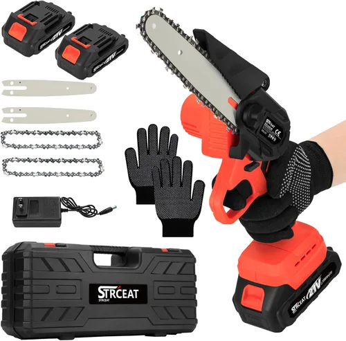 Miniatura 8 de Mini motosierra de 8 y 6 pulgadas, sin escobillas, batería de 2 x 4.0 AH, portátil, pequeña sierra inalámbrica con 4 placas guía, sierra de mano