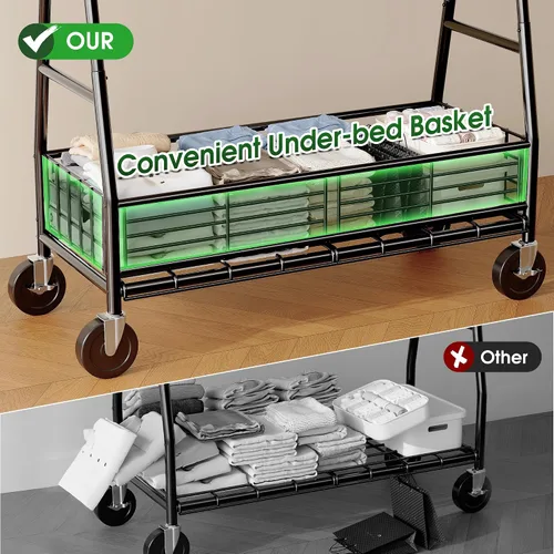 Miniatura 3 de Raybee Perchero resistente de alta capacidad 285KG, perchero para ropa con varillas dobles y cesta de almacenamiento, perchero portátil para ropa