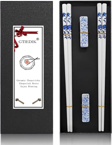 Miniatura 13 de Juego de palillos panda con reposo de regalo, aptos para lavavajillas, reutilizables, de fibra de vidrio, palillos y soporte de porcelana