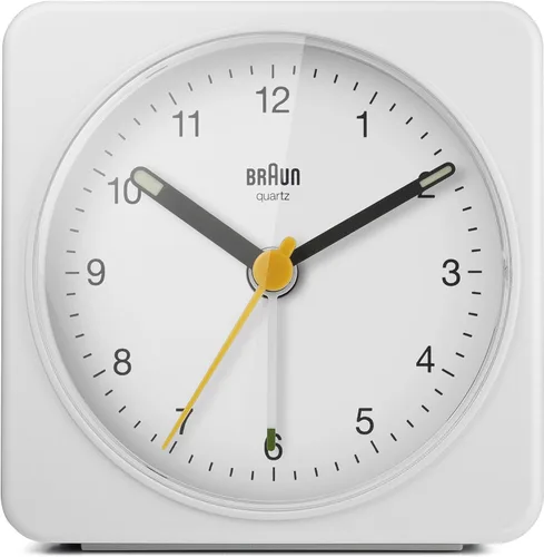 Braun Reloj despertador analógico clásico con repetición y luz, movimiento de barrido de cuarzo silencioso, alarma de pitido Crescendo en blanco,