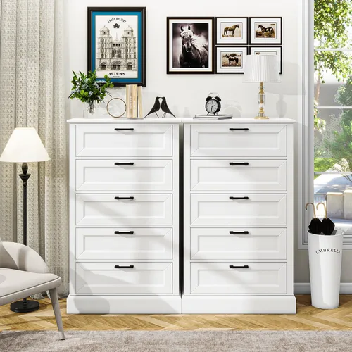 Miniatura 6 de biukpci Cómoda blanca con 5 cajones, almacenamiento vertical para dormitorio, cómoda alta de madera para pasillo, cómoda alta de madera con cajones