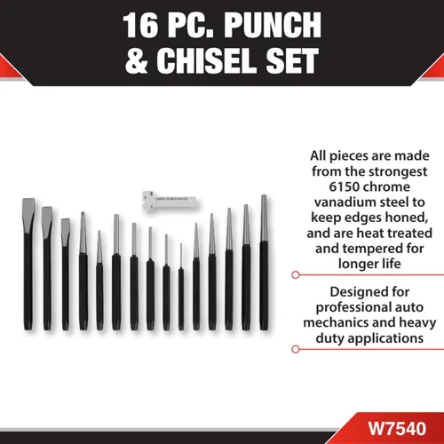 Miniatura 2 de Performance Tool W7540 Juego de 16 piezas de punzones y cinceles - Fuerte acero cromo vanadio 6150, tratado con calor y templado, con bandeja