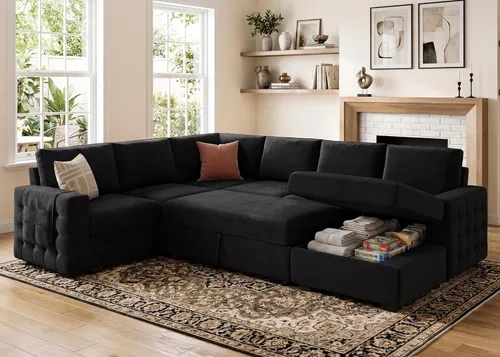 Miniatura 12 de HONBAY Sofá Seccional Sleeper con Cama Extraíble Sofá Seccional en Forma de U Cama Sleeper con Chaise de Almacenamiento Sofá Seccional Sleeper de 6