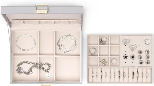 Miniatura 8 de Vlando - Joyero de 2 capas, joyero organizador grande para mujeres, bandeja de joyería removible para collares, aretes, anillos, pulseras, joyeros