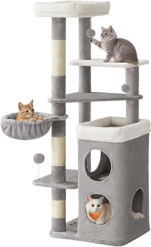 Miniatura 8 de Feandrea Árbol para gatos, torre para gatos de 60 pulgadas, condominio de felpa de varios niveles con 2 cuevas, 3 postes rascadores, 3 perchas, gris