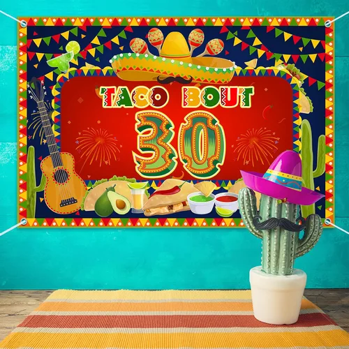 Miniatura 5 de HAMIGAR Fondo de pancarta de feliz cumpleaños de 30 x 6 pies – Fiesta de tacos 30 Fiesta de cactus mexicano decoraciones de cumpleaños suministros