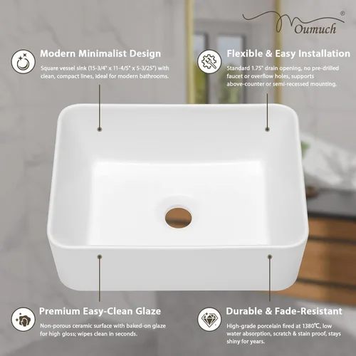 Miniatura 6 de Fregadero rectangular de 16 pulgadas de ancho x 12 pulgadas de profundidad sobre el mostrador, fregadero moderno de cerámica de porcelana blanca