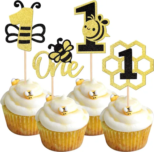 Miniatura 15 de ZHUOWEISM 1 decoración para pastel con diseño de abeja y flores con purpurina de panal de abejorros para pastel de cumpleaños, para temática