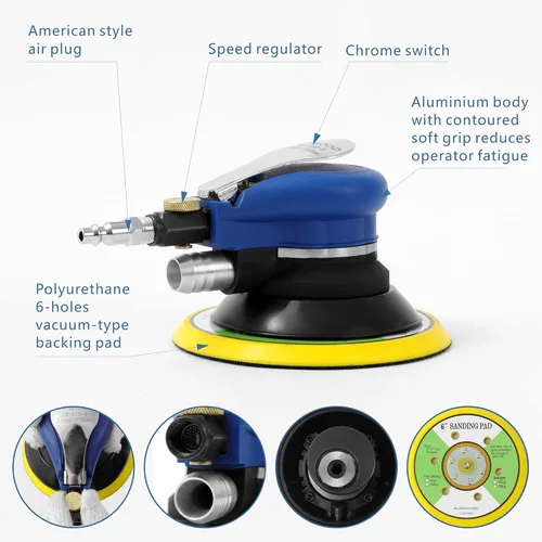 Miniatura 4 de Lijadora orbital aleatoria con manguera y bolsa para el polvo, lijadora de palma neumática con 10 papeles de lija para trabajo de carrocería