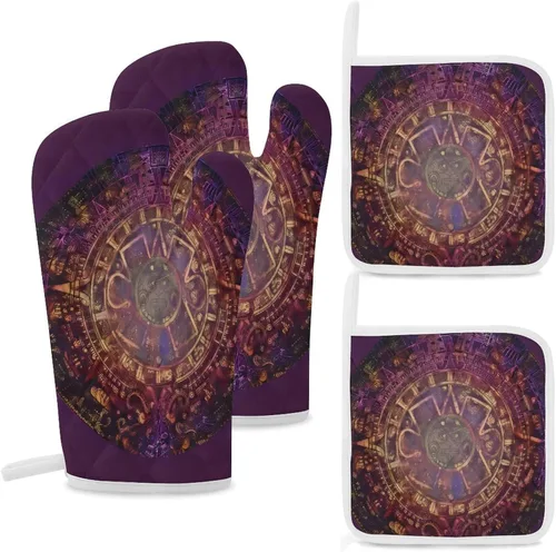 Miniatura 7 de Guantes de horno y agarraderas con calendario maya azteca, guantes de barbacoa, guantes de cocina para cocinar, hornear y asar a la parrilla