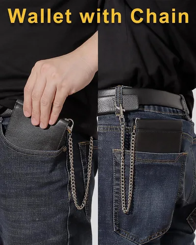 Miniatura 2 de Cartera de cadena para hombre con bloqueo RFID de cuero genuino plegable, Negro -, Classic
